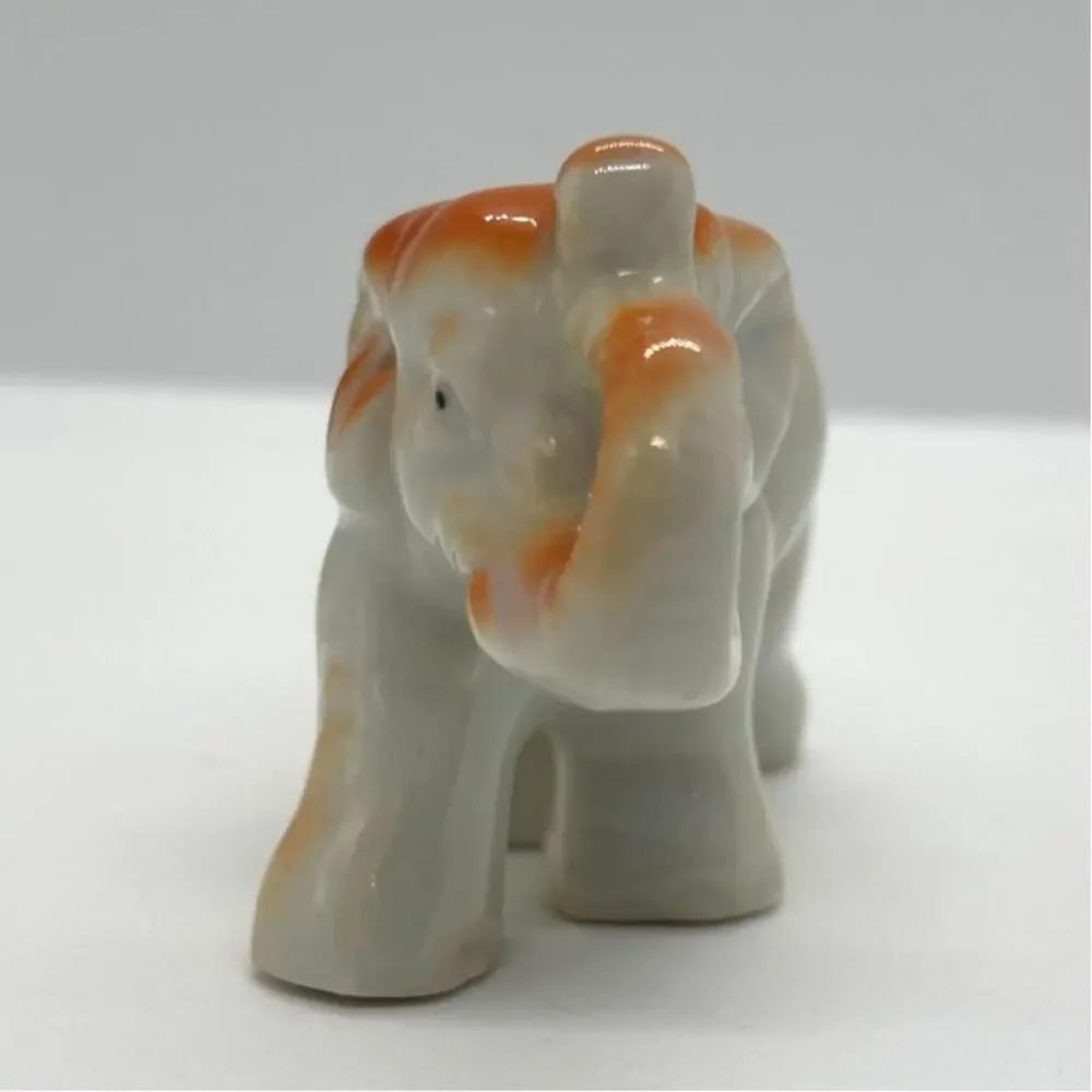 Vintage MCM Small Porcelain Elephant Figurine, Orange and White, Japan